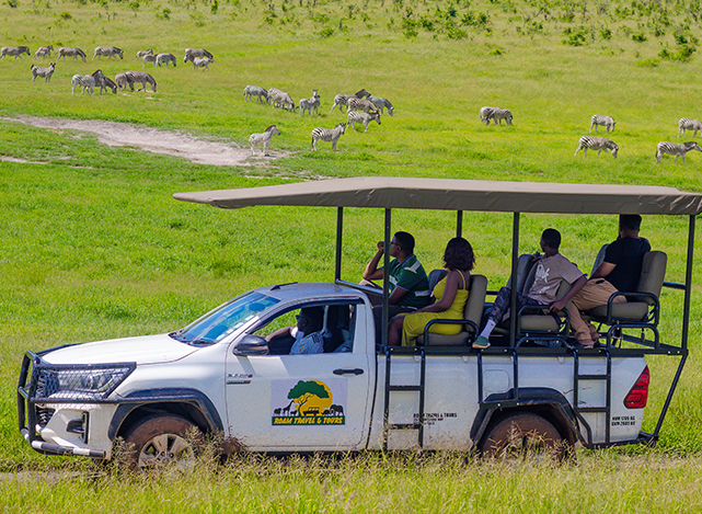 Victoria Falls safari game drive vehicle with guests viewing zebras in Zambezi National Park Zimbabwe